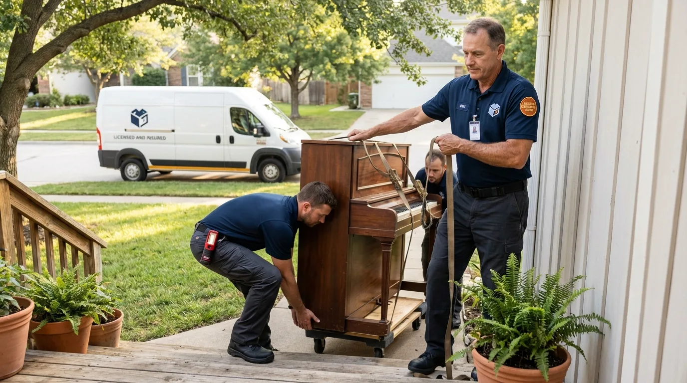 Licensed piano movers securing grand piano in Nampa, ID