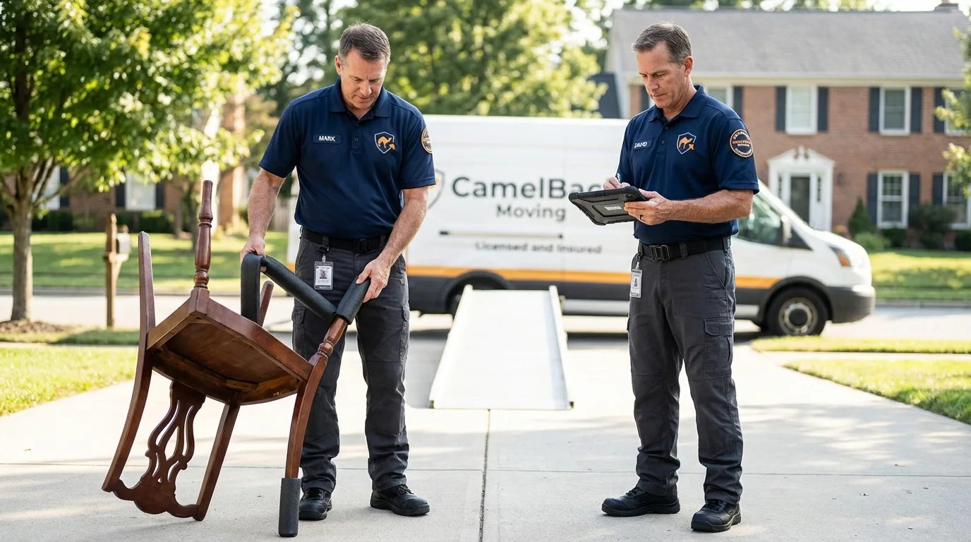 Movers inspecting furniture for damage prevention before loading in Nampa, ID